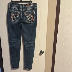 Trendy Dark Blue Rock Revival Skinny Jeans with Embroidery